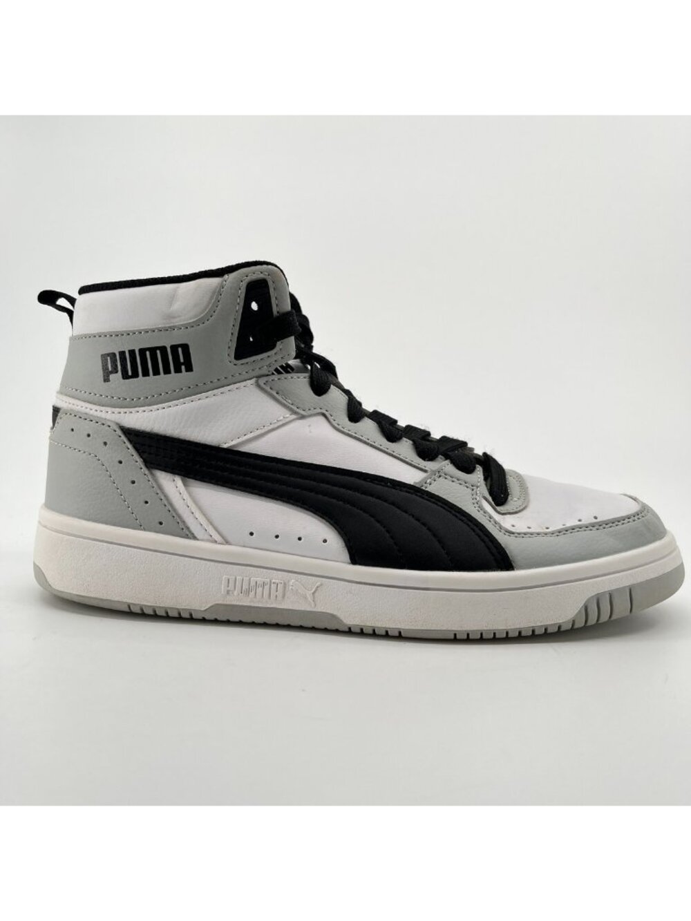 Puma Rebound Joy Boys Size 7C White Gray Black Athletic Leather Shoes Sneakers